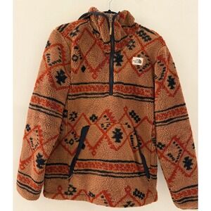 The North Face Mens Geometric Fleece Pullover Hoodie Jacket Brown Orange Size M
